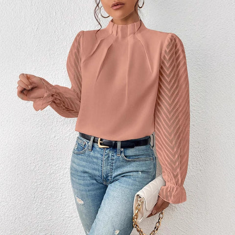 Semi-turtleneck spliced wavy chiffon long-sleeved top m300882