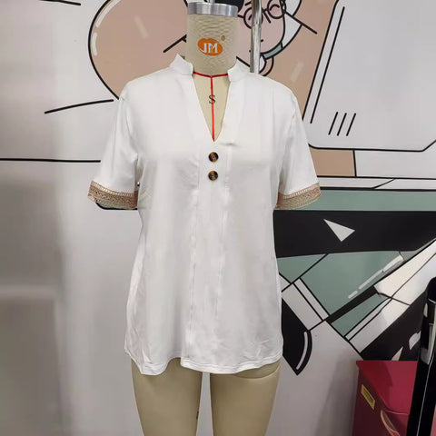 Button half open collar solid color casual T-shirt m300047