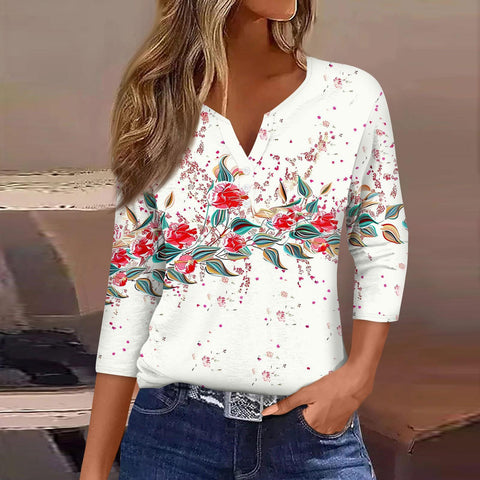 V-neck three-button seven-quarter sleeves, floral smudge printing, fashionable and casual loose women's clothing m300565