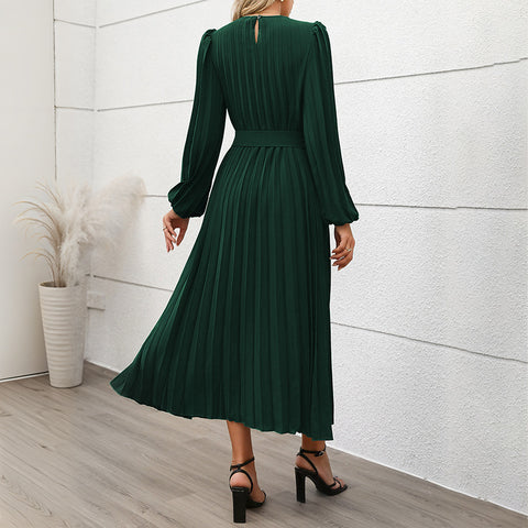 Dress long sleeve pleated round neck high waist long dress women m300809