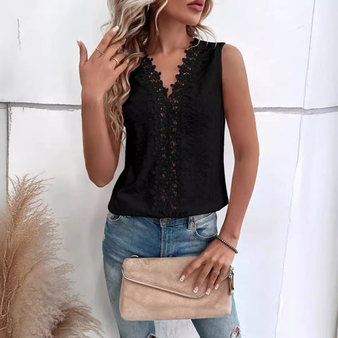 V-neck splicing hollow lace vest top women's m301003