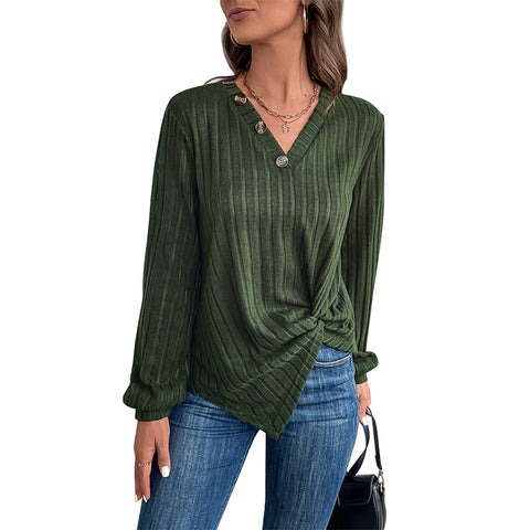 Autumn women's clothing split-ended green V-neck top women's m300630