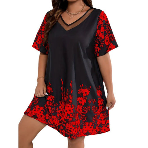 Loose Comfort and Casual Printed Stitching Mesh Short Sleeve Dress M300199