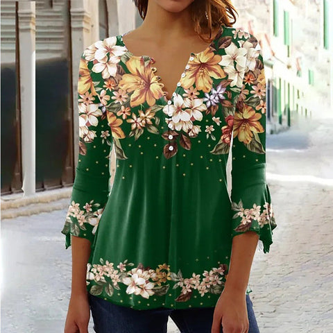 Fashion Ruili floral print V-neck three-quarter sleeve T-shirt m300035