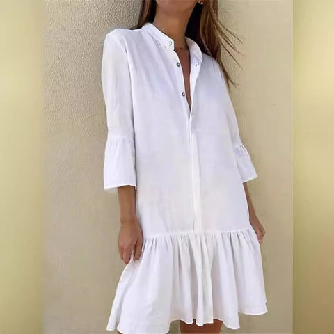 Stand-up collar button-down nine-quarter sleeve shirt cotton pleated hem dress m300679