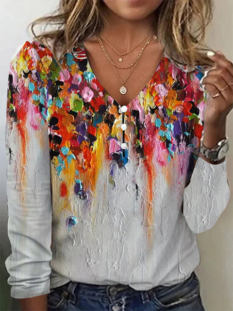 V-neck star tie-dye pearl button long-sleeved T-shirt sweater m300609