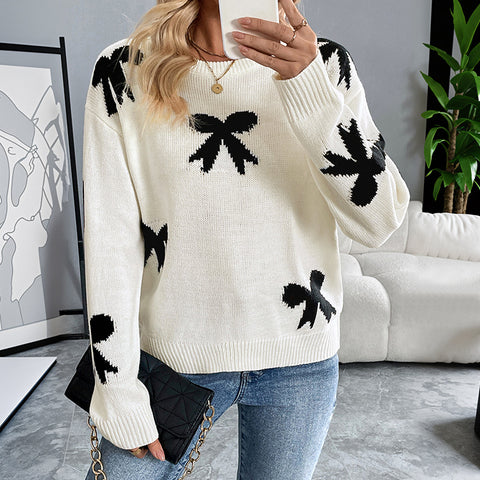 Crew neck bow jacquard autumn and winter sweater women's m300804