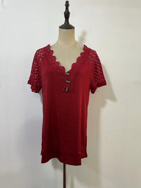 Comfort and Casual Lace Short Sleeve Stitching V-neck Pullover M300159