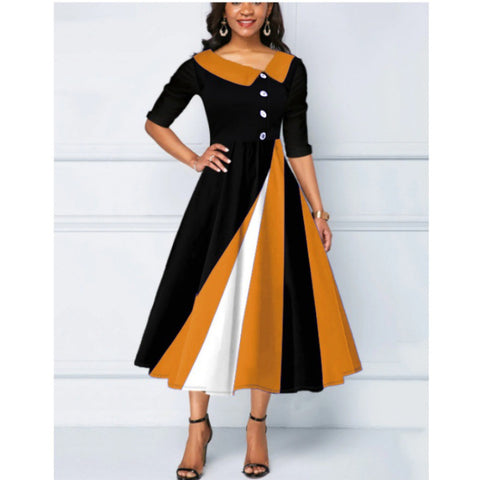 Button embellished 3D printed pendulum five-quarter sleeve long dress m300864