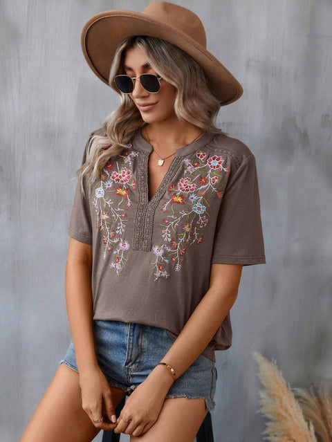 10,000-Needle Embroidered Splicing Lace Top Women's T m300884