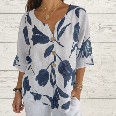 Printed cotton and linen V-neck short sleeved pullover shirt m300056