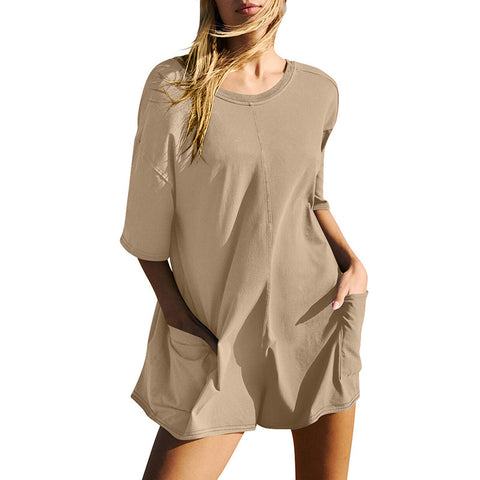 Women's Short-Sleeved Backless V-neck Loose Casual Pocket Jumpsuit M300225