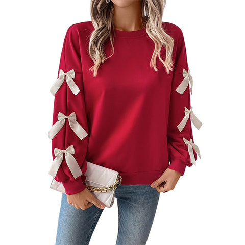 Crew neck bow red sweater women m300806