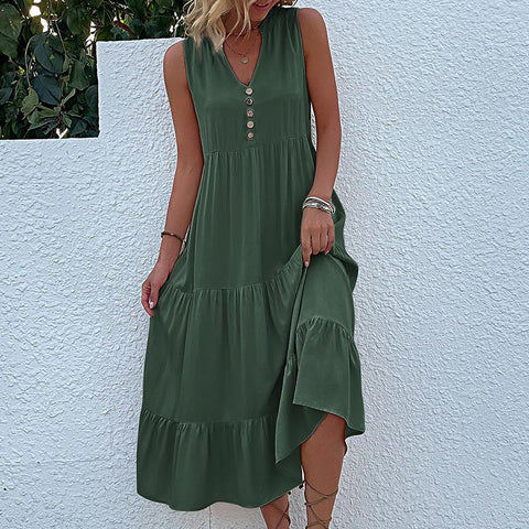 Summer popular sleeveless pleated skirt loose V-neck medium and long dress m300851