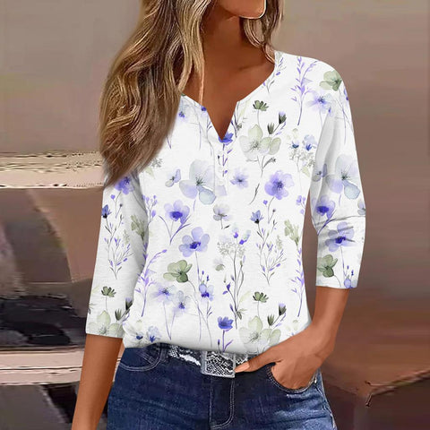 V-neck three-button seven-quarter sleeves, floral smudge printing, fashionable and casual loose women's clothing m300565