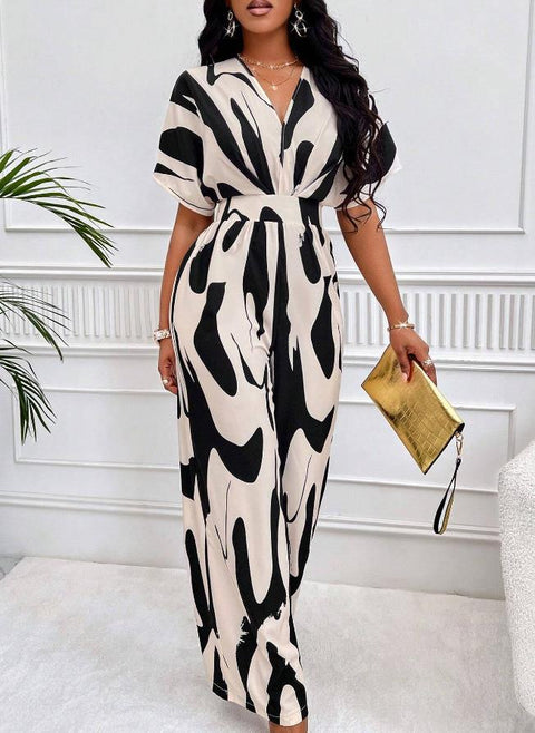 Women's full-body printed bat-sleeved wide-leg jumpsuit m300971