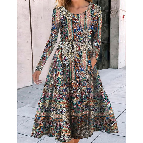 Crew Neck Long Sleeve Loose Geometric Pattern Printed Pendulum Dress m300700