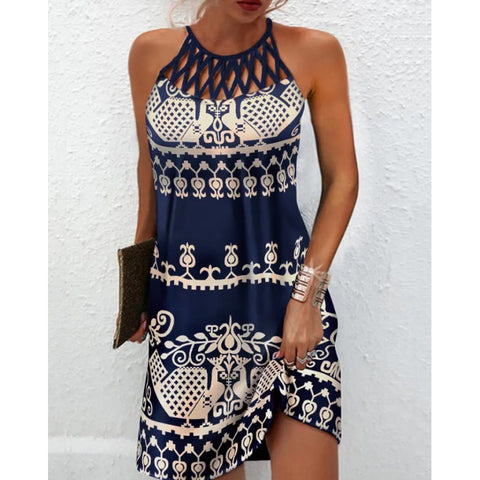 round Neck Hollow-out Collar Slim Fit Sleeveless Halter Printed Dress M300192