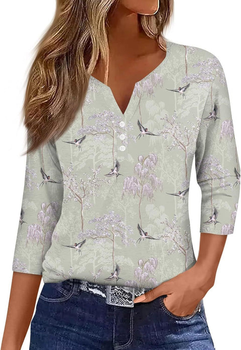 Marble pattern V-neck three-button seven-quarter sleeve women's clothing m300581