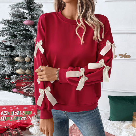 Crew neck bow red sweater women m300806