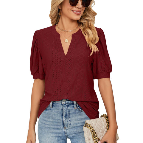 Casual v-neck solid color hollow bubble sleeves loose t-shirt top m300403