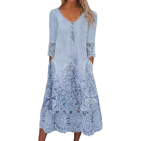 Lace splicing dress, women's print short-sleeved skirt m300386