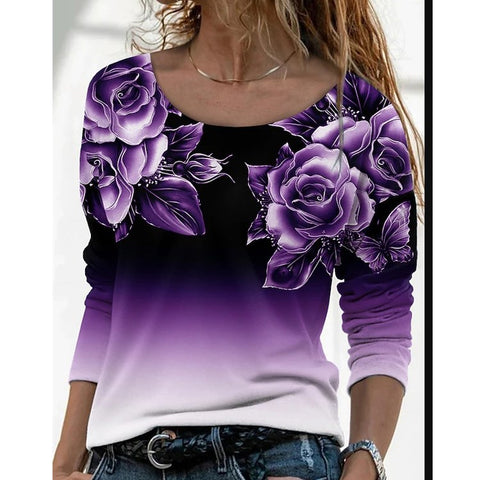 Long Sleeve Loose Crew Neck Casual Pullover 3D Printed T-Shirt Women's m300857