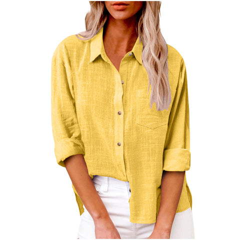 Autumn pocket long-sleeved women's cotton and linen shirt m300463