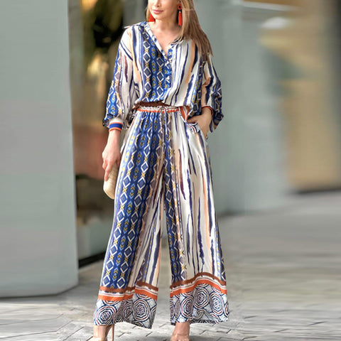 Printed lapel long-sleeved straight trousers fashion suit women's m300308