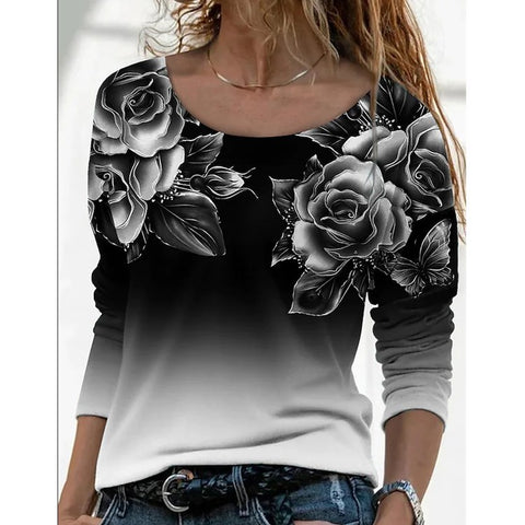 Long Sleeve Loose Crew Neck Casual Pullover 3D Printed T-Shirt Women's m300857