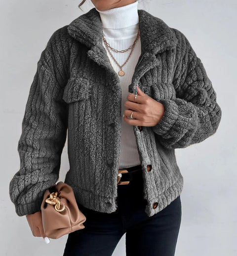 Lapel fleece comfortable casual women's clothing thickened plush jacket m300354