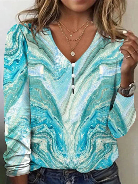 V-neck star tie-dye pearl button long-sleeved T-shirt sweater m300609