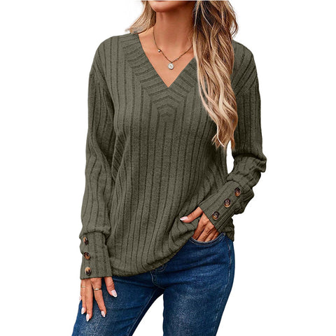 Women's Long Sleeve V-Neck Shirt Solid Color Button T-Shirt m300528