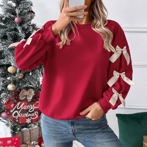 Crew neck bow red sweater women m300806