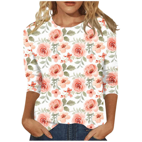 Seven-quarter sleeve plant flower 3D printing crew neck pullover m300615