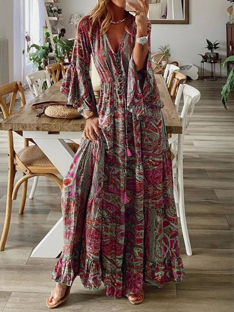 Bohemian Flared Sleeve Printed V-Neck High Waist Vacation Dress m300709