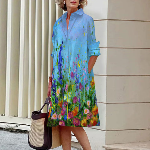 Gentle wind floral 3D digital printing single row open button shirt dress m300914