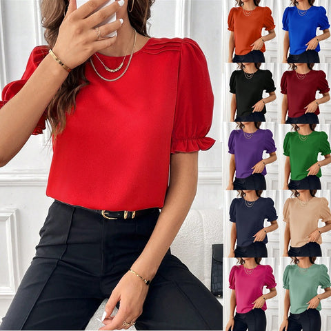 Fashion temperament solid color crew neck shirt top m301012