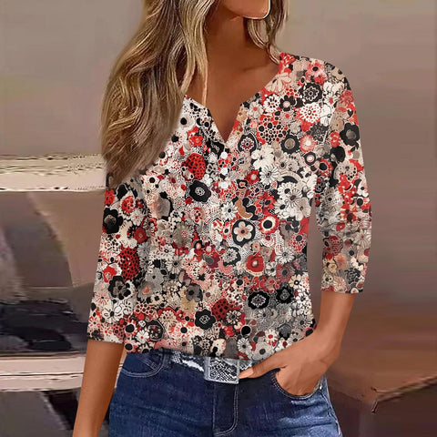 V-neck three-button seven-quarter sleeves, floral smudge printing, fashionable and casual loose women's clothing m300565