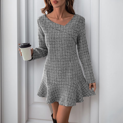 Long-sleeved irregular ruffle edge small fragrant tweed dress m300798