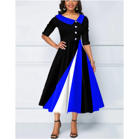 Button embellished 3D printed pendulum five-quarter sleeve long dress m300864