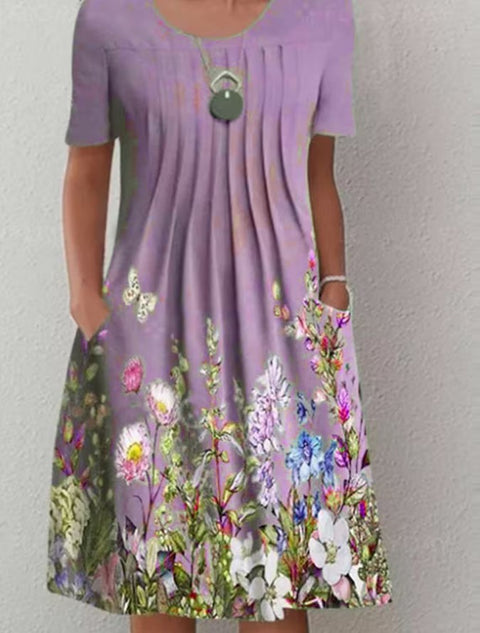 Spring/Summer Flower Printed Round Neck Pocket Mid length Dress for Women's Clothing m300037