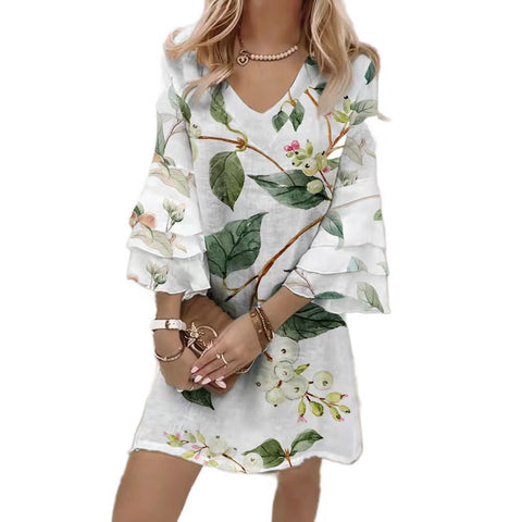 Printed V-neck 3/4 sleeve mini ladies dress m300699