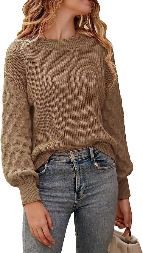 Long Sleeve Crew Neck Sweater Commuter Lantern Sleeve Knitted Top m300511