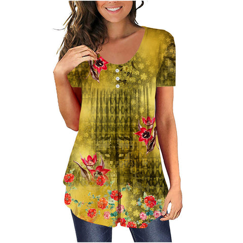 Tunic top casual shirt V-neck short-sleeved button-up T-shirt m300903