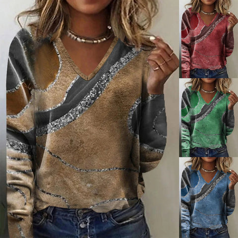 Autumn and winter fashion v-neck printed long-sleeved t-shirt top m300553