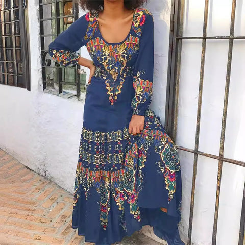 Temperament elegant long-sleeved dress autumn printing U-neck seaside vacation style long dress m300927