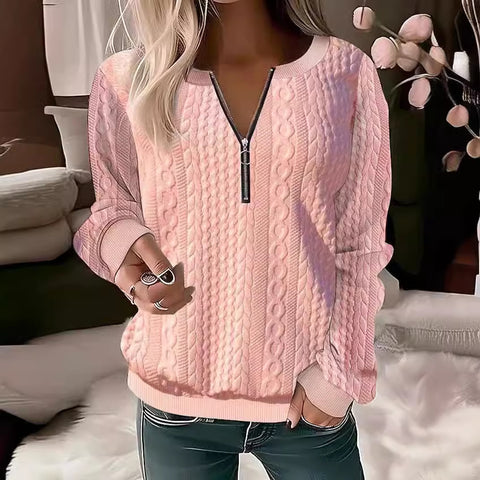 Long-sleeved solid color V-neck zipper T-shirt top m300390