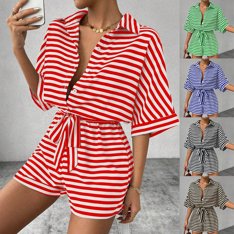 Striped lapel cardigan button medium sleeve belt shorts set onesie women's m301031