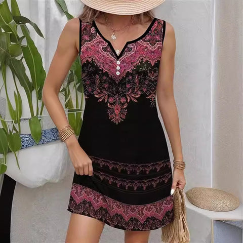 Printed suspender fashion casual V-neck button sleeveless dress m300105